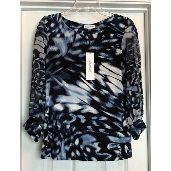 Calvin Klein - 🎉HP c 2 🎉 NWT - L Sz XS Everyday Crew Neck Chiffon Sleeve Blouse - Picture 2 of 14